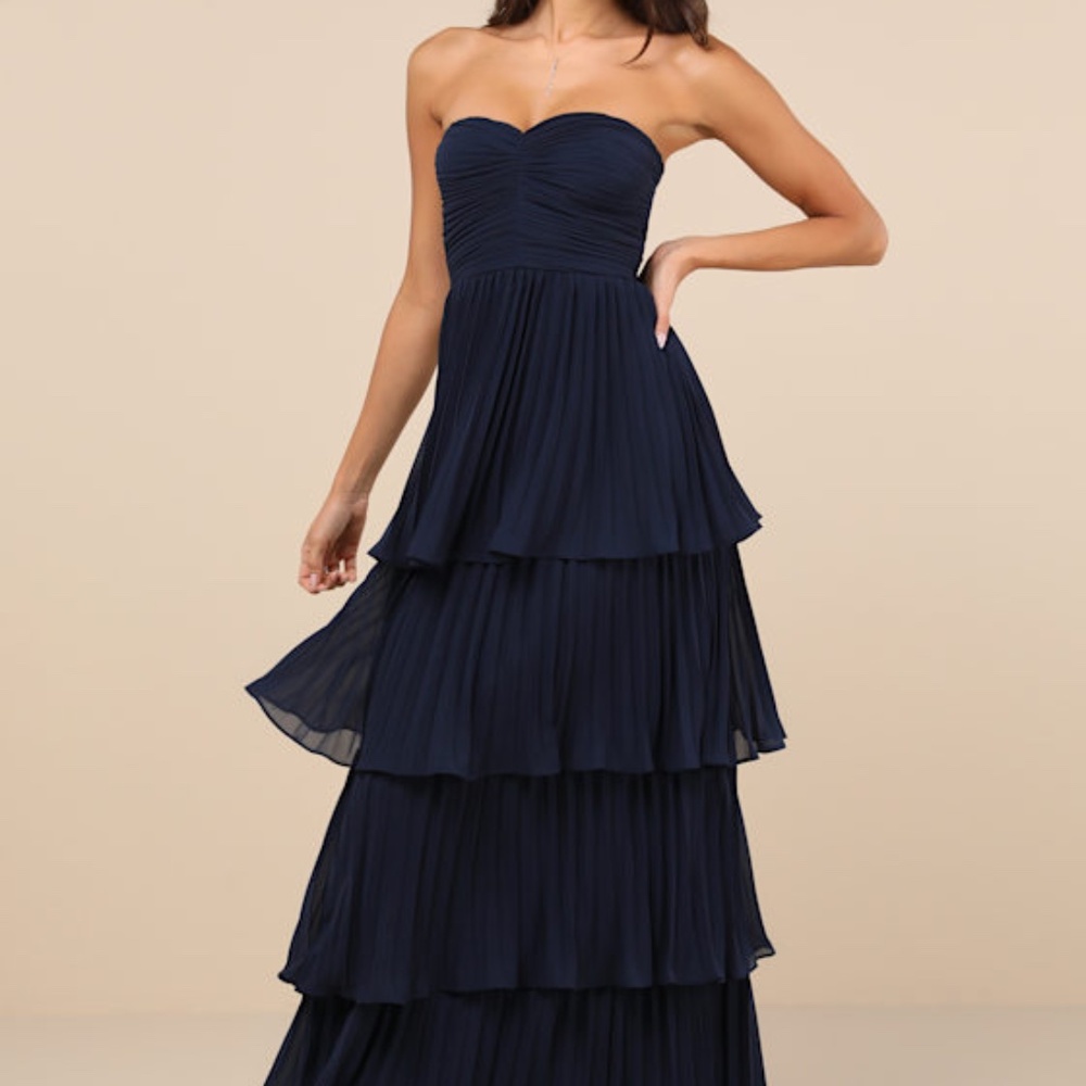 Lulus Seriously Sensational Navy Blue Strapless Tiered Maxi Dress - Size S
